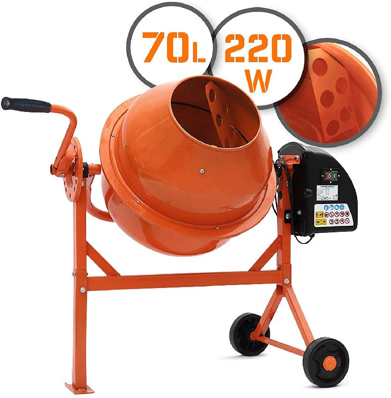 BÉTONNIÈRE ÉLECTRIQUE CAPACITÉ 70 LITRES 220 WATTS AVEC ROUES EN ACIER BÉTONNIÈRE PORTABLE POUR CIMENT BÉTON MORTIER PLÂTRE CHAPE ORANGE ET NOIR 01_0001116_0