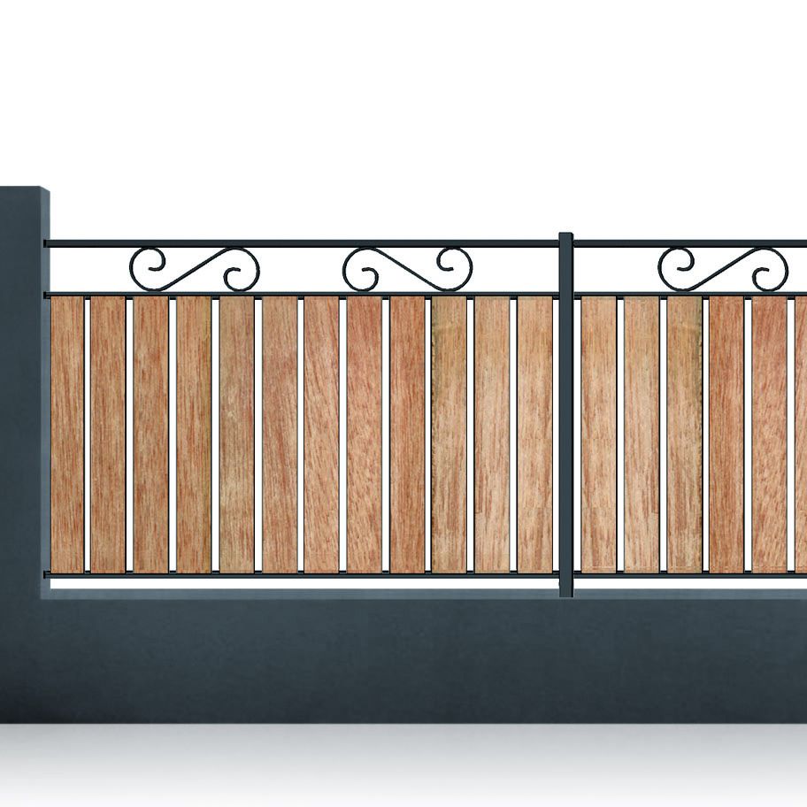 Clôture fer et bois avec volutes - Poteau tube 35x35 et latte bois Méranti 100x25_0