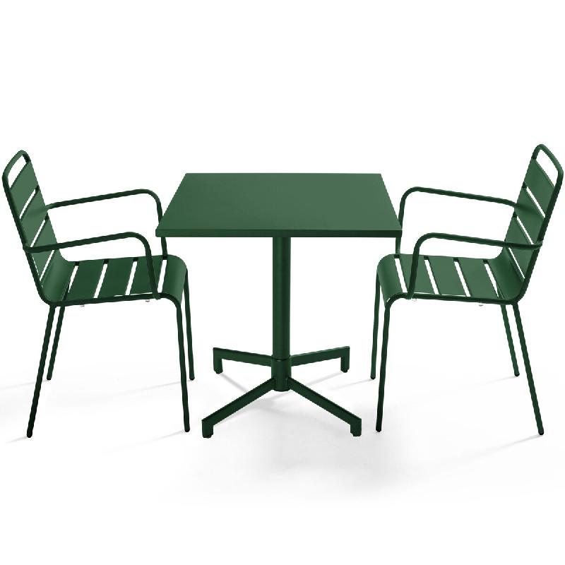 Oviala Business Ensemble table 70 cm et 2 fauteuils de jardin en métal vert forêt - vert acier 114674_0