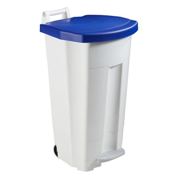 Poubelle mobile à pédale 90 litres - Corps blanc - Couvercle bleu - Polyéthylène haute densité - Marque Rolléco_0