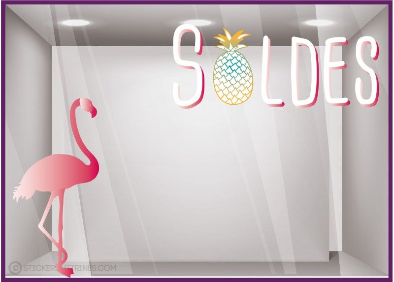 Sv442l82 x H100impr - adhésif pour vitrine - sticker lettrage Soldes avec ananas et flamant rose - dimensions 82 x 100 cm_0