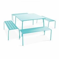 Oviala Business Ensemble table de jardin carrée et 4 bancs en métal turquoise - bleu acier 109288_0