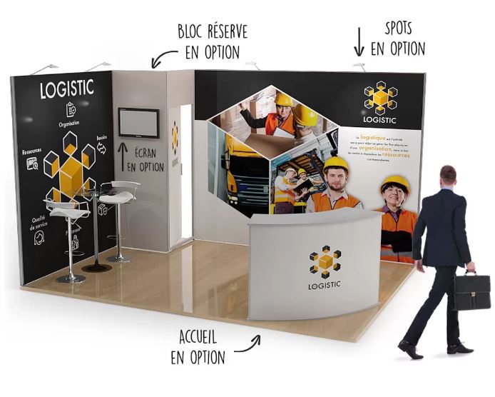 Stand modulaire 12m² en tissu, angle de 4x3 m, éclairage par LED en option_0