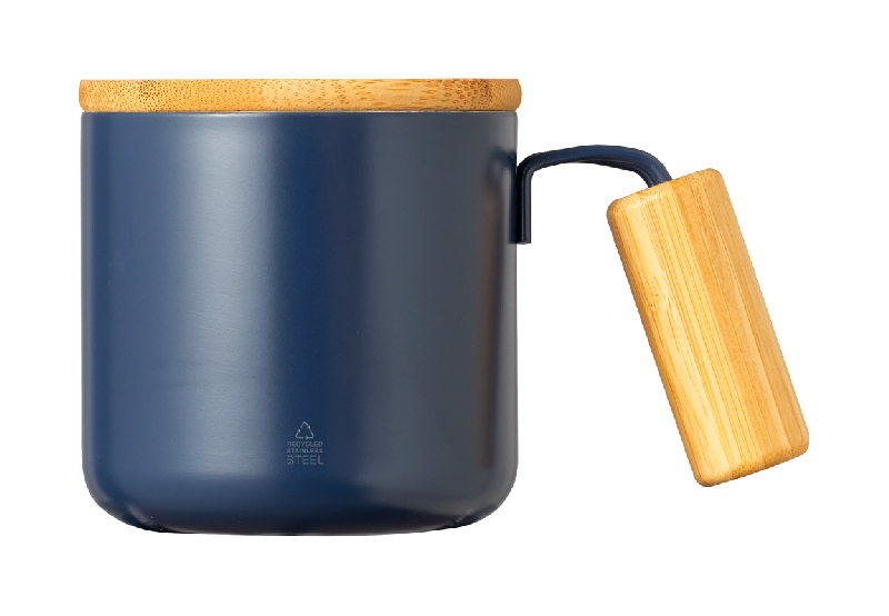 Mug thermos - acier inoxydable recyclé - double paroi - poignée et couvercle en bambou - 330 ml_0