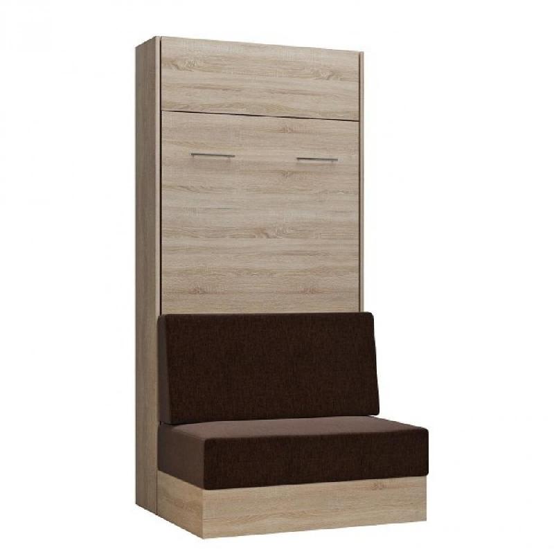 ARMOIRE LIT ESCAMOTABLE DYNAMO SOFA CANAPÉ INTÉGRÉ CHÊNE NATUREL TISSU MARRON 90*200 CM_0