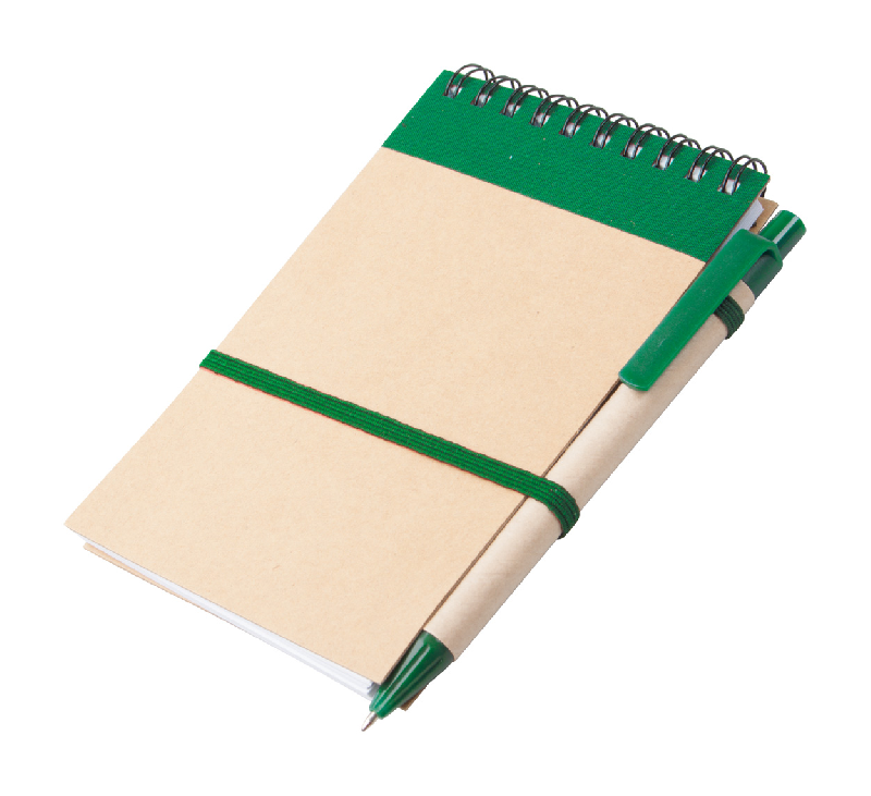 Bloc-notes de 70 pages lignées en carton recyclé - Stylo à bille assorti - Couleur verte_0