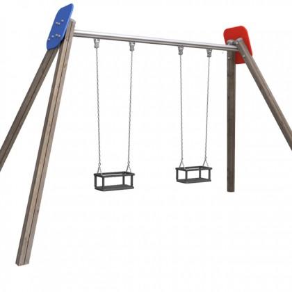 Double balançoire mixte avec siège cuna - Poteaux en bois multiplis et panneaux PEHD_0