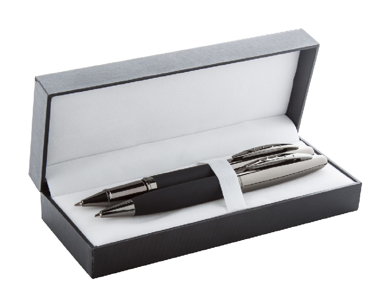 Parure stylo à bille et roller - Embase et corps en caoutchouc - Boîte cadeau noire - Encre bleue_0