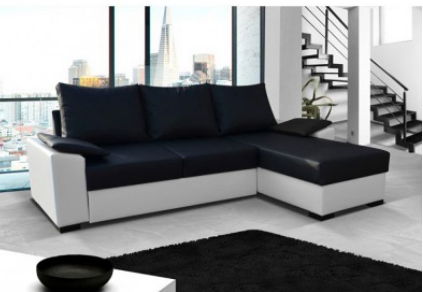Canapé d'angle convertible 4 places noir et blanc - Méridienne avec coffre de rangement - Fabrication Européenne_0