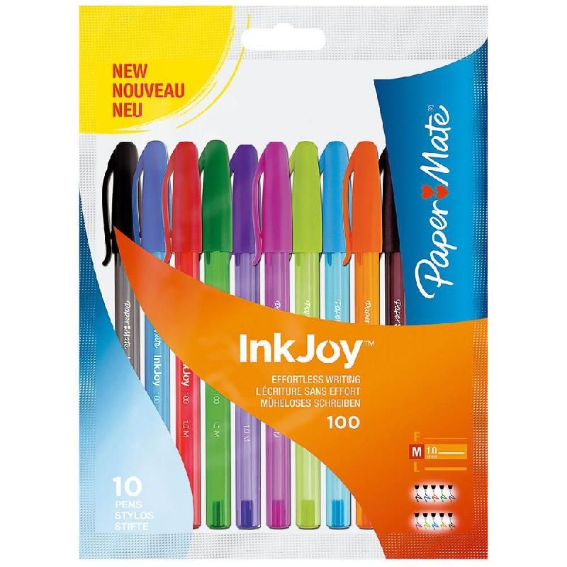 PaperMate InkJoy 100 Lot de 8 + 2 stylos à bille à capuchon Pointe moyenne  1 mm Couleurs assorties