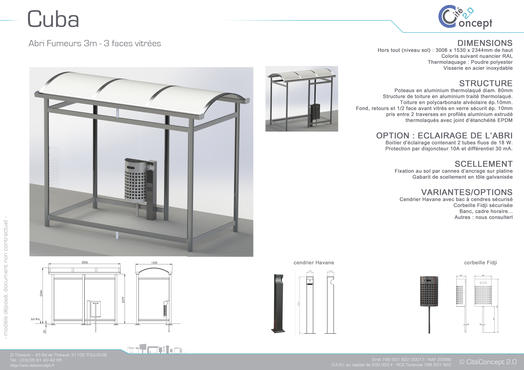 Abri fumeur Cuba - Structure en aluminium - Bardage en verre sécurit - Banquette, cendrier, éclairage, corbeille - Dimensions 3 x 1,53 m_1