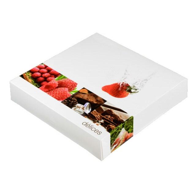 Boîte pâtissière décor Délices 160x160x50mm par 275 pièces JORIDEAL - blanc en carton 3519400606158_0