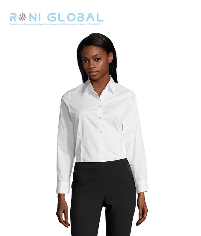 Chemise de travail femme stretch manches longues - EDEN SOLO - coupe cintrée et col à bouton unique_0