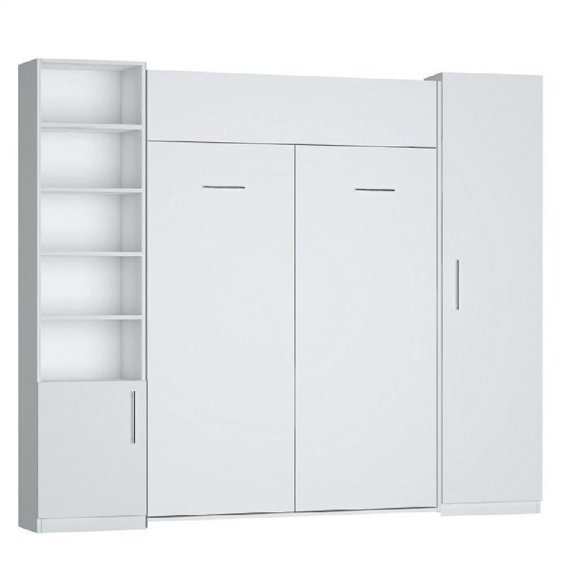 Armoire lit escamotable Dynamo blanc mat - couchage 140 x 200 cm avec rangements intégrés_0