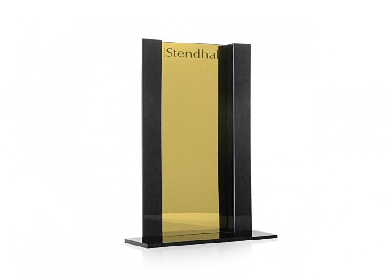 PLV Stendhal - Présentoir en plexi doré et noir - Porte visuel de comptoir_0
