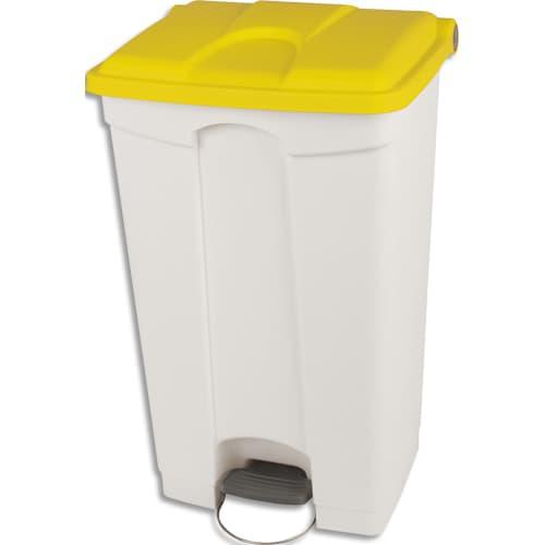 Probbax collecteur à pédale - capacité 90L - blanc/jaune - avec roulettes et autocollants de tri_0