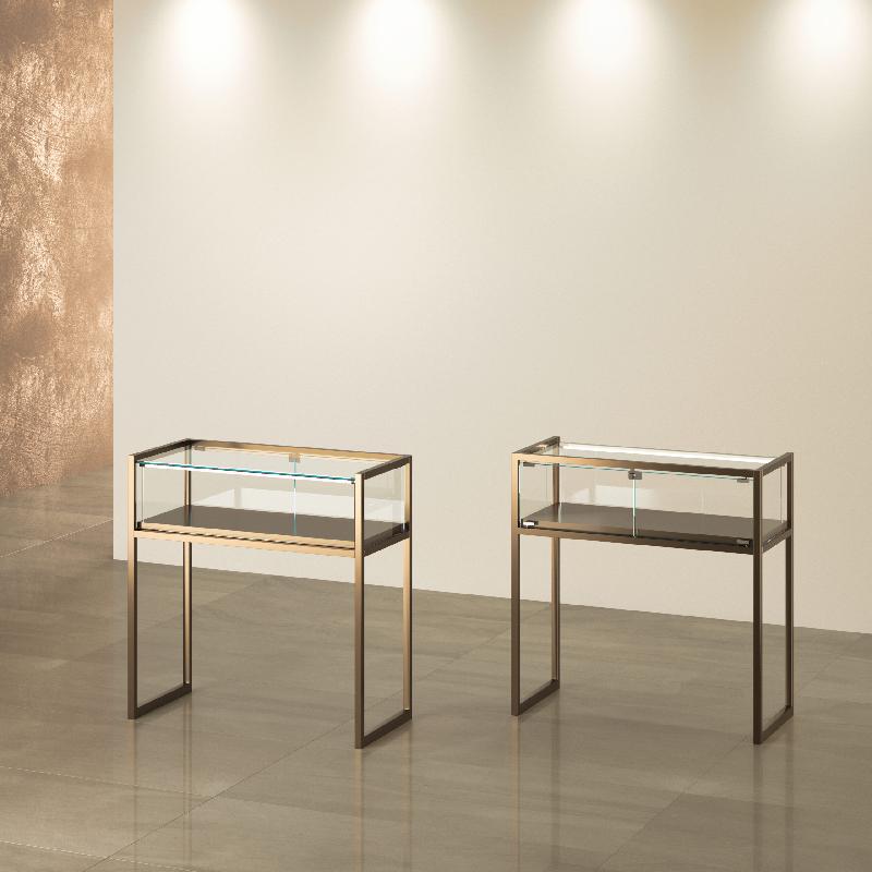 Vitrine plate bronze anodique - L 95 P 45 H 95 cm - STM95T-BR - Verre trempé, éclairage LED et structure métallique_0