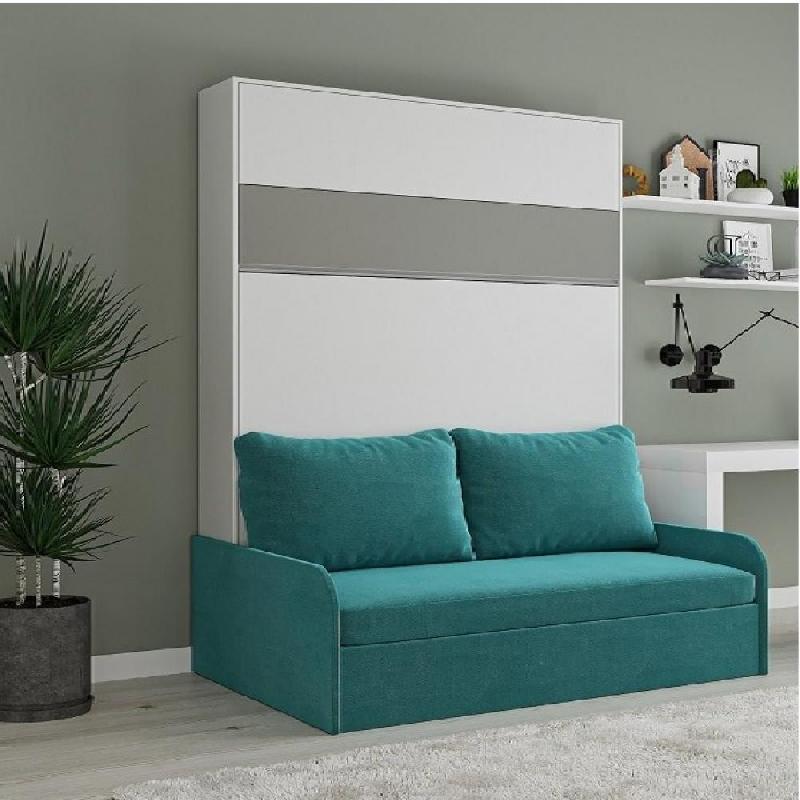 ARMOIRE LIT ESCAMOTABLE BERMUDES SOFA BLANC BANDEAU GRIS CANAPÉ BLEU 160*200 CM_0