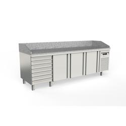CORECO Meuble A Pizza -Bloc 7 Tiroirs - 3 Portes - -2+8 - 2245X700X850 - Int Et Ext Aisi 304 - Dessus Granit Avec Dosseret MFP70-225-7 - Acier inoxyda_0