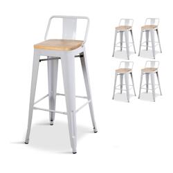 Kosmi Lot de 4 tabourets de bar en métal blanc mat style industriel avec dossier et assise en bois clair - Hauteur 76 cm - blanc 3760301692348_0
