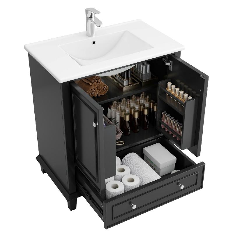 Merax Meuble sous-vasque 76x46x87 cm, meuble de salle de bain autoportant avec évier en céramique, étagères de porte, tiroir, noir - noir multi-ma_0