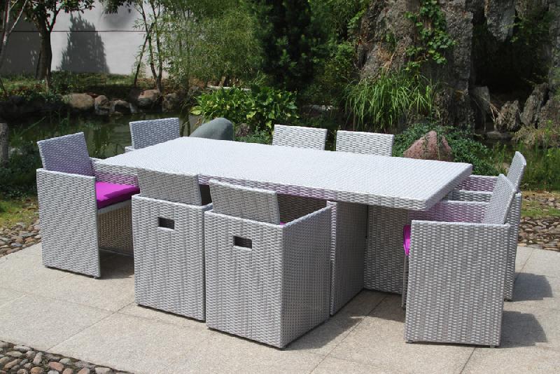 PRIX SOLDÉS !! SALON DE JARDIN EN RÉSINE TRESSÉE AVEC 8 FAUTEUILS ENCASTRABLES MÉDITERRANÉE - GRIS SIDÉRAL