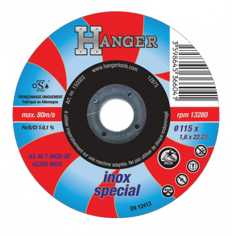 DISQUE À TRONÇONNER INOX 115 X 1,6 X 22,2MM AS46 - HANGER - 150003