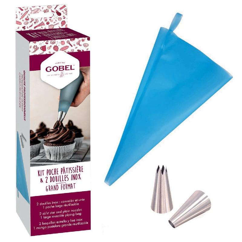 Gobel - Kit 1 poche  pâtissière réutilisable grand format 45cm + 2 douilles iniox - multicolore inox GL369_0