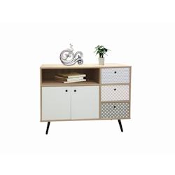 Möbilia Buffet |2 portes,3 tiroirs,1 compartiment ouvert | MDF avec film décoratif lisse|Blanc laqué avec façade bleue et blanche|L106,5xP39xH77cm_0