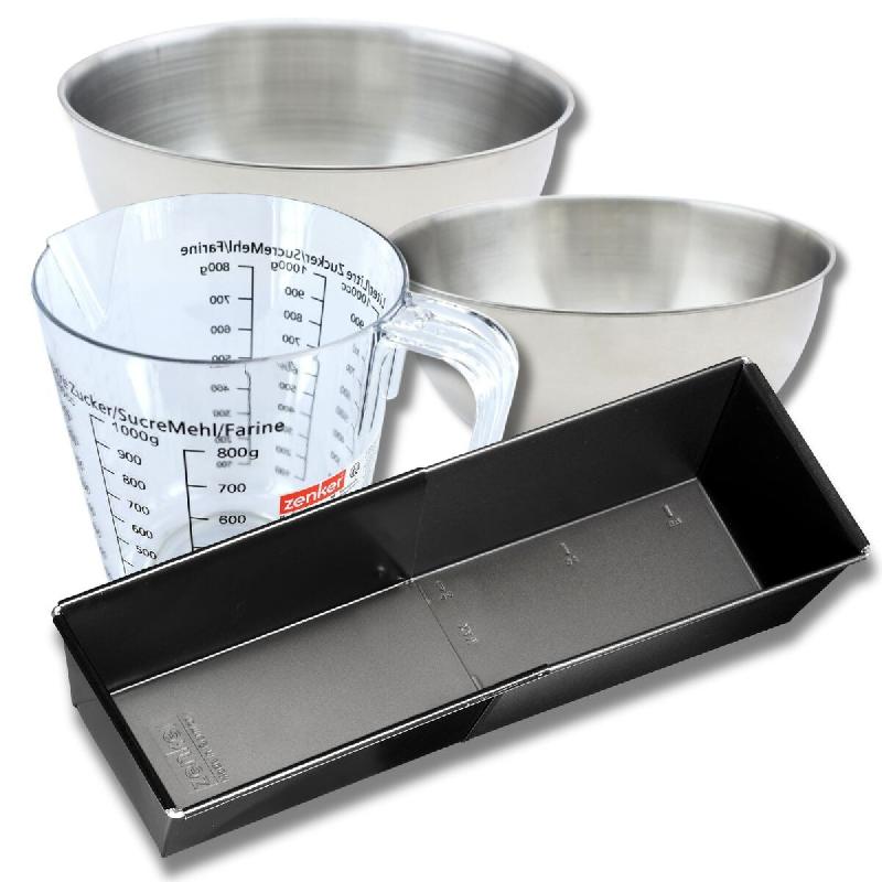 Set pâtisserie avec grand moule à cake extensible, 2 bols à mixer, verre mesureur et spatule Zenker - noir métal 3176239937497_0