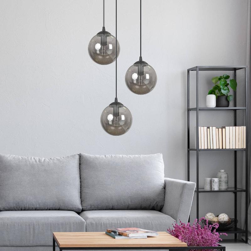 EMIBIG LIGHTING SUSPENSION GLASSY, À 3 LAMPES, RONDE, NOIR, GRAPHITE, VERRE