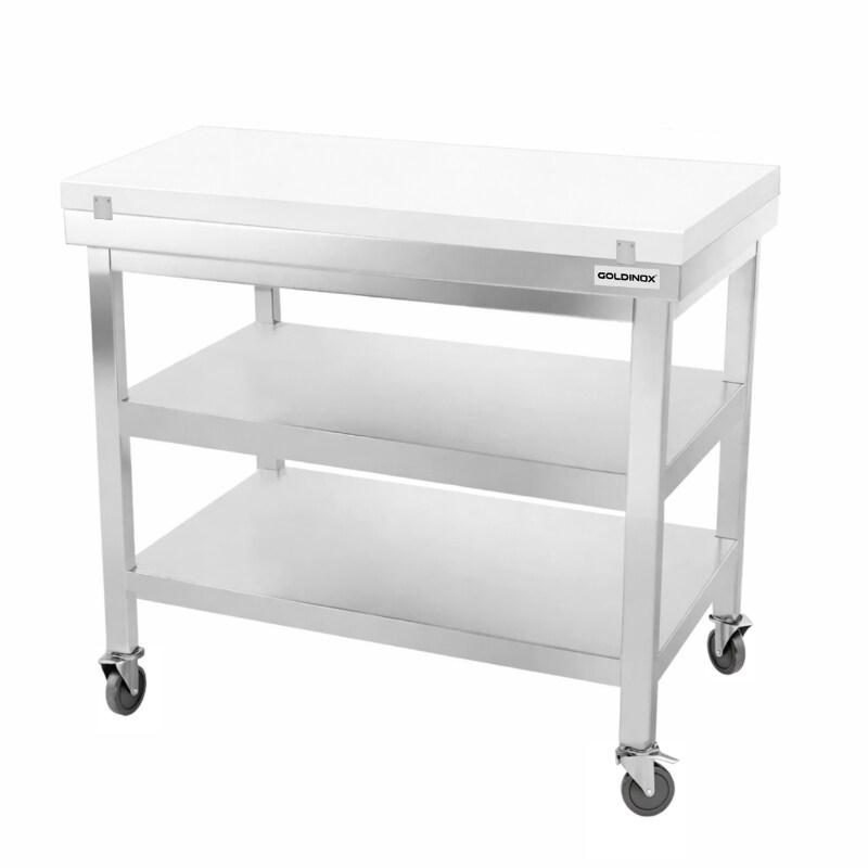 Table de travail en inox 1200x600 mm avec plaque de découpe blanche et 2 étagères sur roulettes PREMIUM - GOLDINOX - gris inox 3701770841264_0