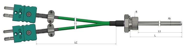 Thermocouple chemisé avec raccord fixe, câbles de prolongation et connecteurs (duplex) - TM43 - Types K, N, J, T, E, R, S, B - Diamètres Ø de 1 à 8 mm_0