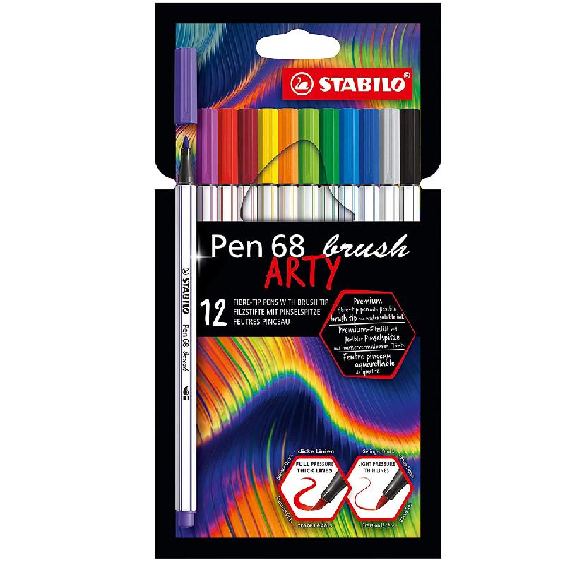 PEN 68 BRUSH STABILO ARTY FEUTRE PINCEAU - ETUI CARTON DE 12 FEUTRES - COLORIS ASSORTIS