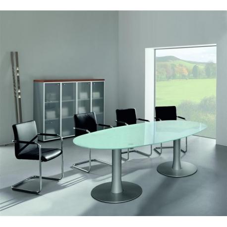 Table de réunion QUADRIFOGLIO - verre trempé verni finition acide - dessus ovale L 230 x 110 cm - pied colonne diamètre 150 mm_0