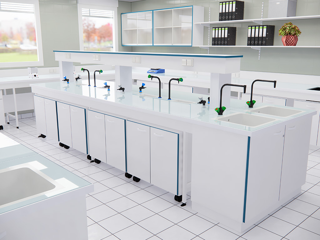 Mobilier mobile sous paillasse de laboratoire en mélaminé CTBH blanc - Possémé - Portes à charnières invisibles et roulettes autobloquantes_0
