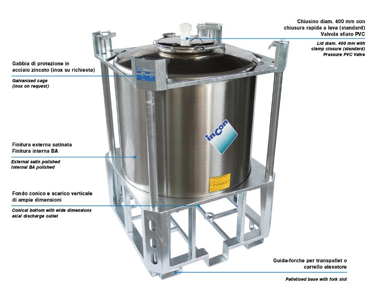 Standard PFC - Réservoir de stockage industriel - fond conique 30° - cage de protection acier galvanisé et base palettisée_0