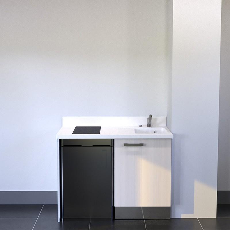 KITCHENETTE K08 - 120 CM AVEC EMPLACEMENT FRIGO TOP|PIN BLANC|SNOVA|ÉVIER À DROITE