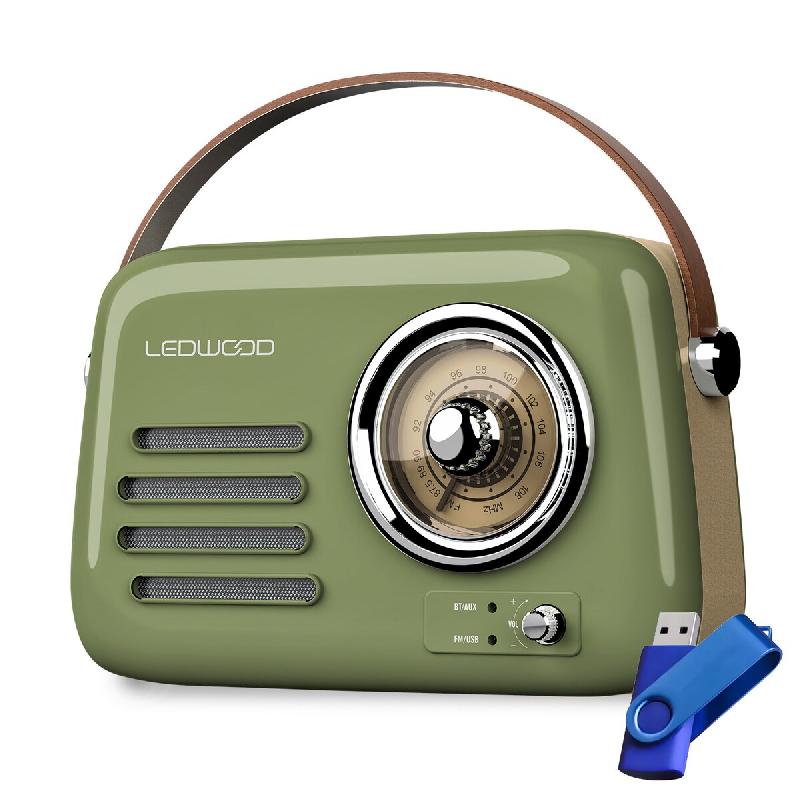 Radio Rétro portable Ledwood ALMA, FM, Bluetooth Entrée USB, Puissance 30W 1500mAh - Retro Vintage - Vert Olive+Clé 32G - 3666638035783_0