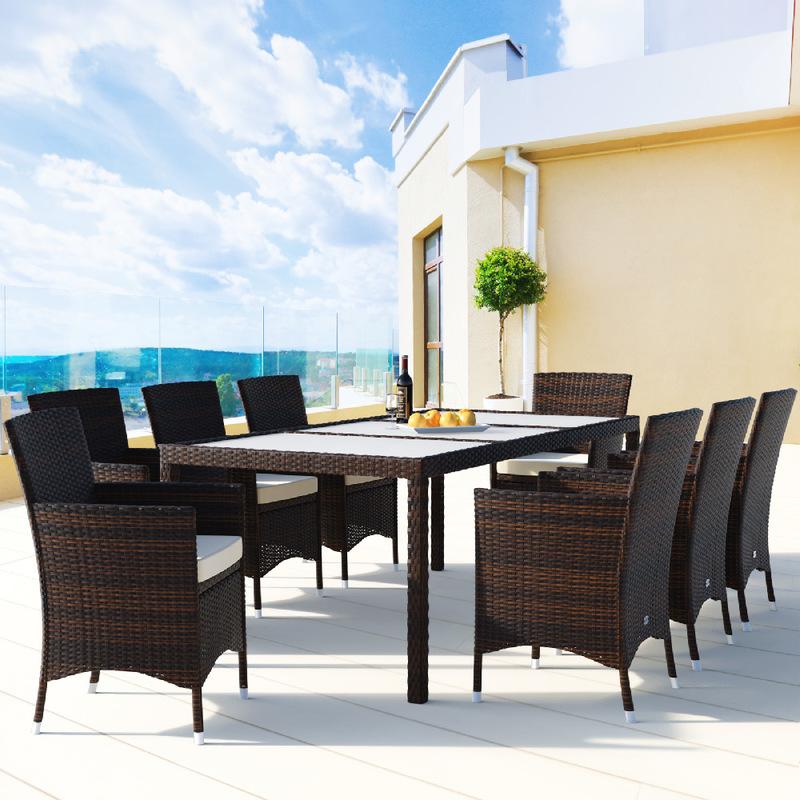 Salon Jardin 8 Personnes Deuba Palermo - Table Acacia Et Chaises Polyrotin Crème Avec Coussins épais Hydrofuges