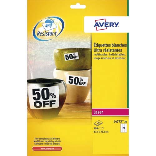 Avery boîte de 480 étiquettes laser inaltérables blanches 63,5 x 33,9 mm l4773-20_0