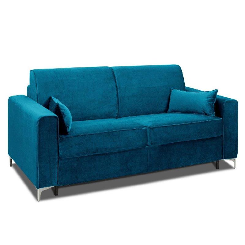 CANAPÉ CONVERTIBLE EXPRESS JACKSON 160CM SOMMIER LATTES TÊTE DE LIT INTÉGRÉE VELOURS BLEU AZUR MATELAS 16 CM_0