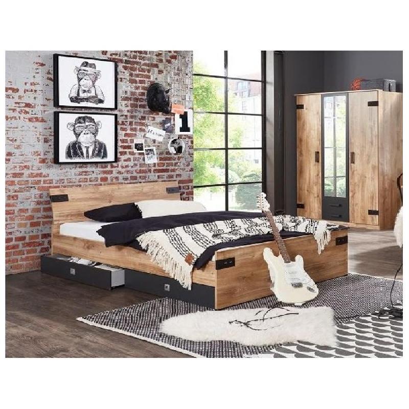 Lit tiroirs Lisburn style industriel 140 x 200 cm - Chêne poutre - Avec 2 tiroirs de rangement pratiques_0