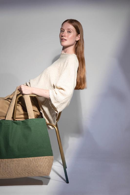 Sac shopping en toiles de coton et jute - Grand fourre-tout avec fond laminé - Poche intérieure zippée - Réf: KI0235_0