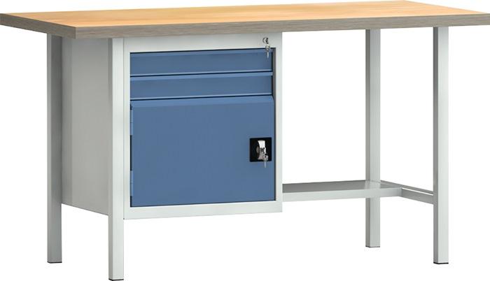Établi PW 700 - 1500x700x840 mm - Hêtre Multiplex - Gris Clair RAL 7035 - Bleu Brillant RAL 5007 - 2 Tiroirs - 1 Porte - KLW-LUTZ BETRIEBSEINRICHTUNGEN_0