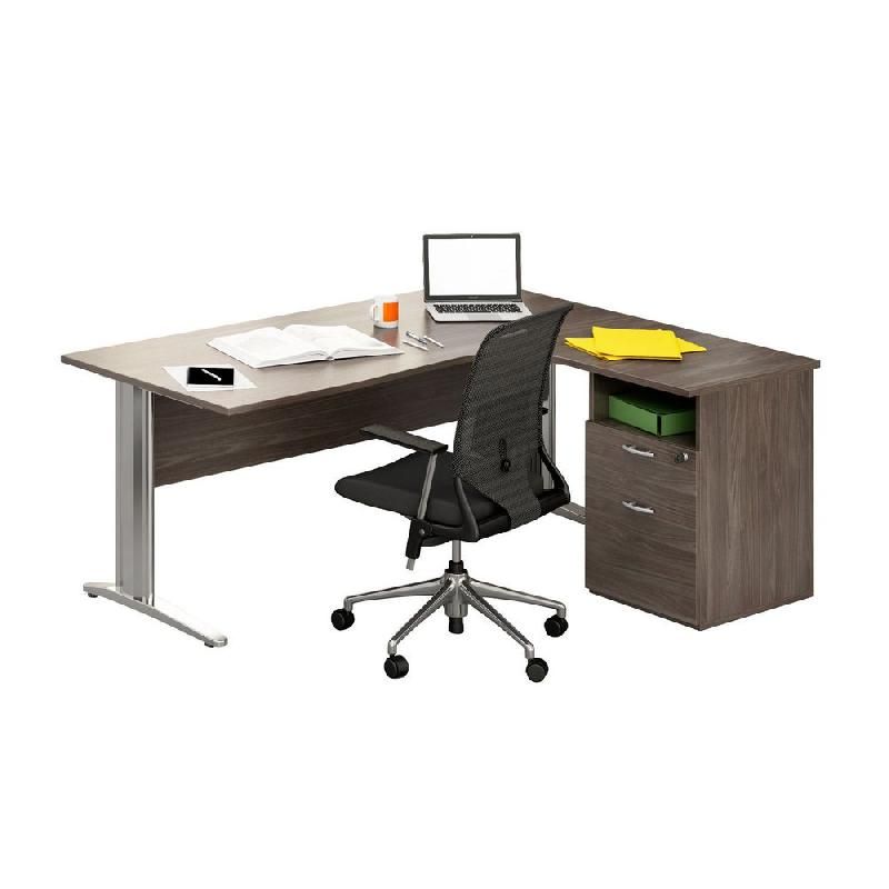 PACK PRONTO PRESTIGE : 1 BUREAU COMPACT RETOUR À DROITE CENDRE PIEDS CHROME + 1 CAISSON HAUTEUR BUREAU PROF. 60 CM