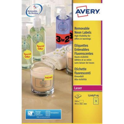 Avery L7263Y Etiquettes enlevables 99,1 x 38,1 mm jaune fluorescent imprimantes jet d'encre et laser - 25 feuilles - 350 étiquettes_0