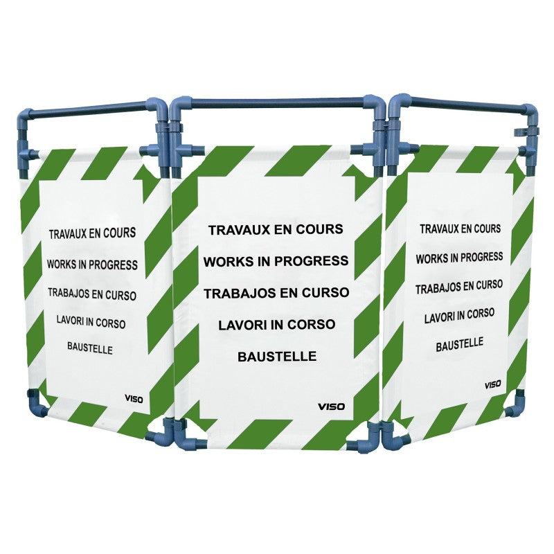 Barrière d'intervention - 3 panneaux - 1000 / PVC / Rayé vert / blanc (Travaux en cours)_0