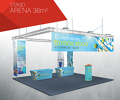 Stand modulaire en tissu de 36 m² - Ilot avec pont lumière et enseigne haute - Stands Arena_0