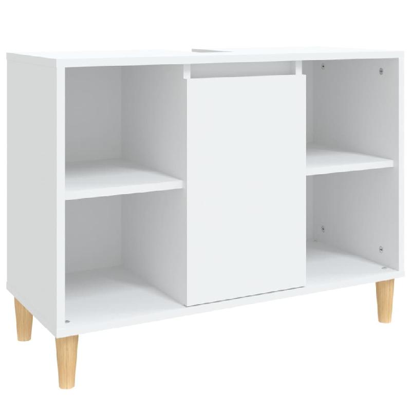 Meuble d'évier 80 x 33 x 60 cm - Bois d'ingénierie blanc avec pieds en eucalyptus et grand espace de rangement_0